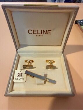 Celine Gold and Gray Enamel Cufflinks with Matching Tie Bar